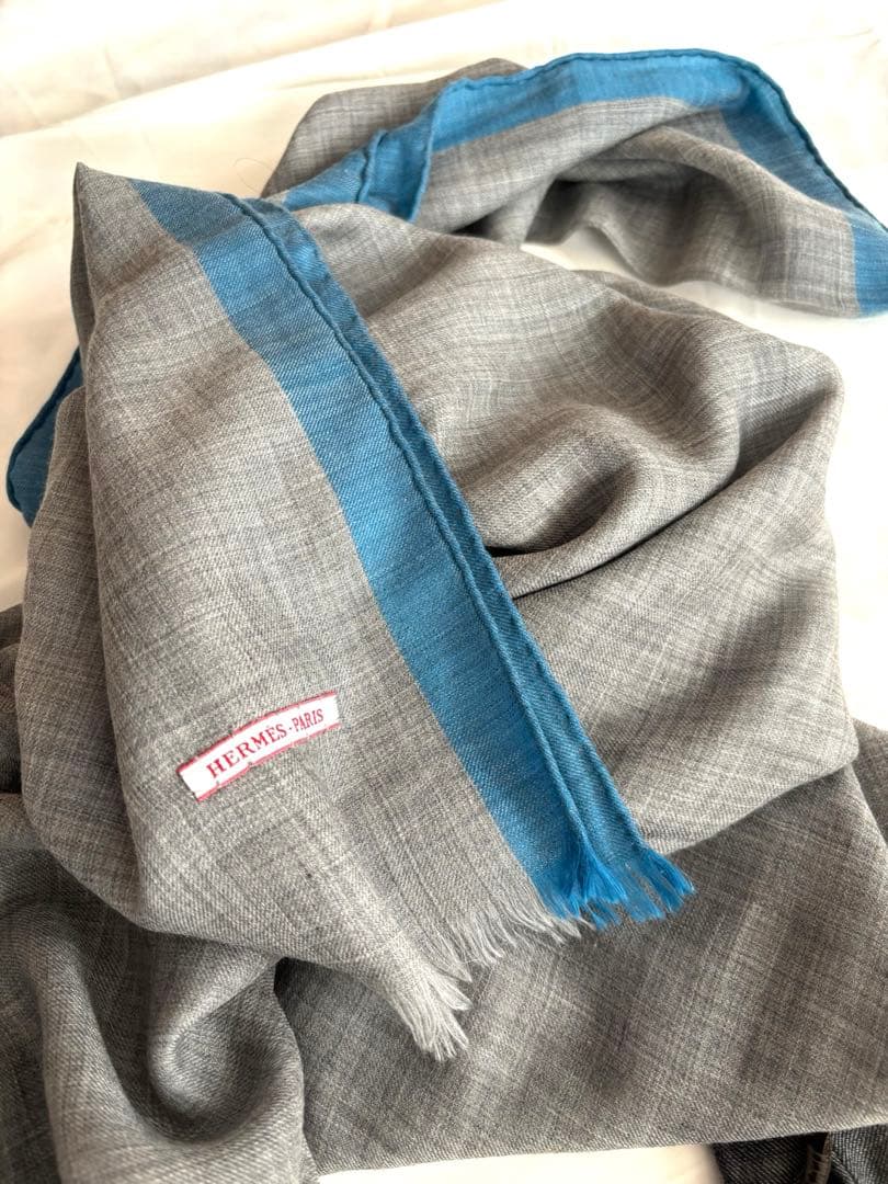 HERMES エルメス　大判ストール　100%カシミア　グレー&ブルー　フリンジ