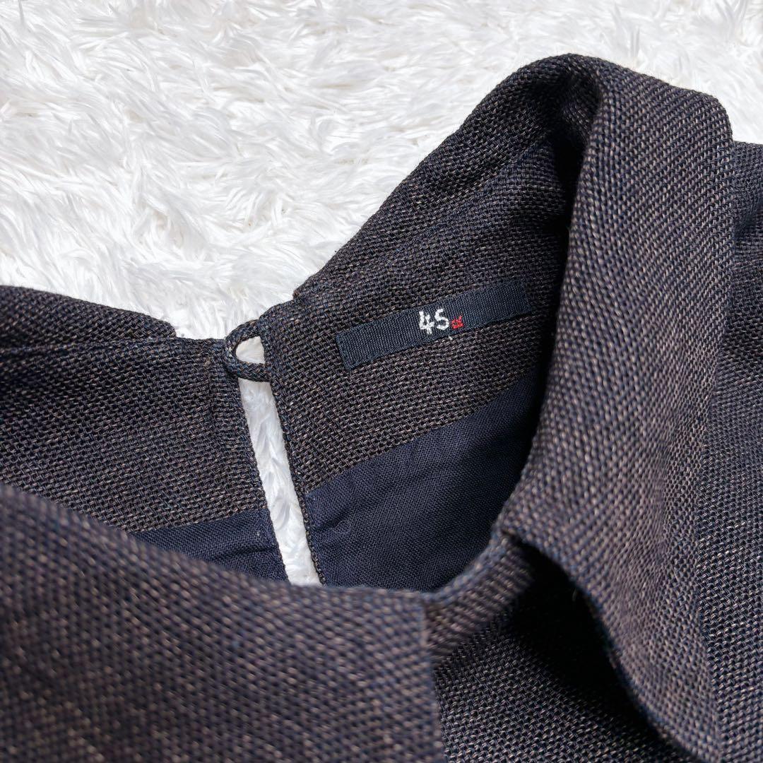 【美品】45R インディゴ ギマツイード ワンピース 襟付き 無地