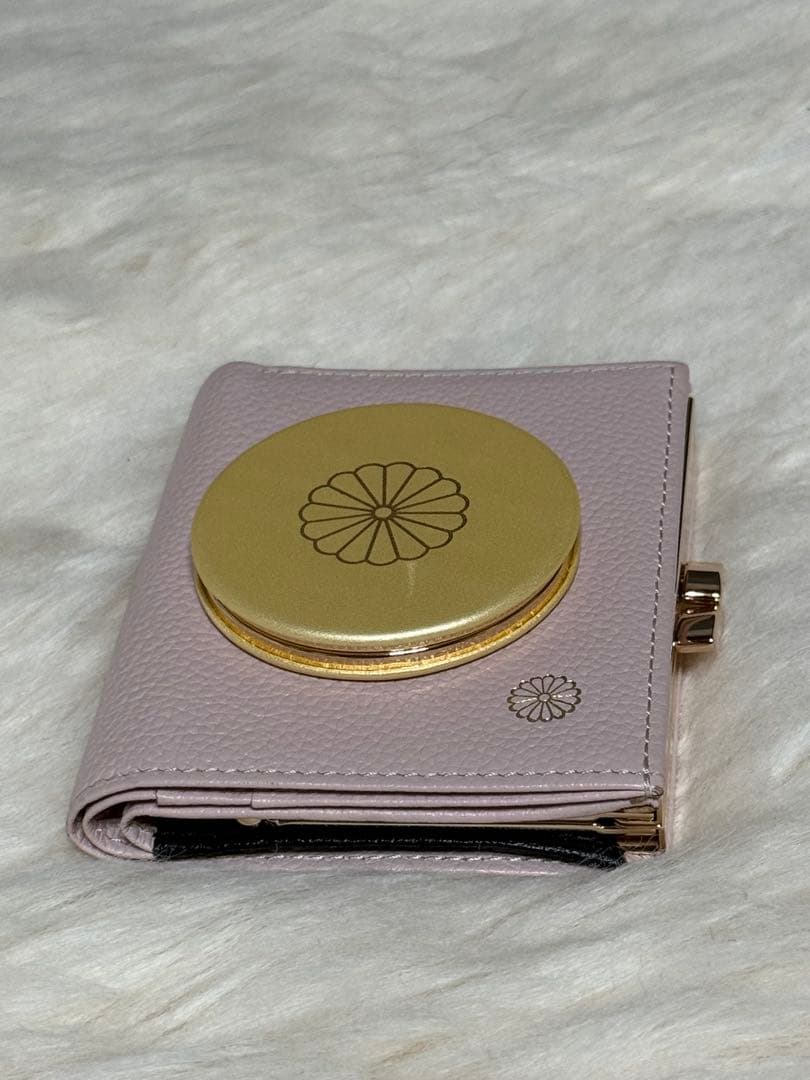 皇居財布 がま口 二つ折り財布 ピンクベージュミラー付き