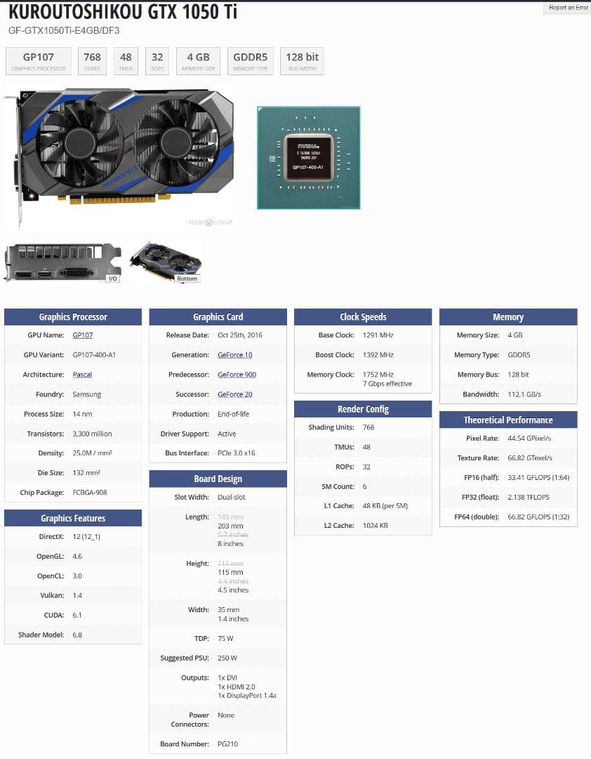 GTX1050Ti 4GB 動作確認済み グラボ 本体のみ
