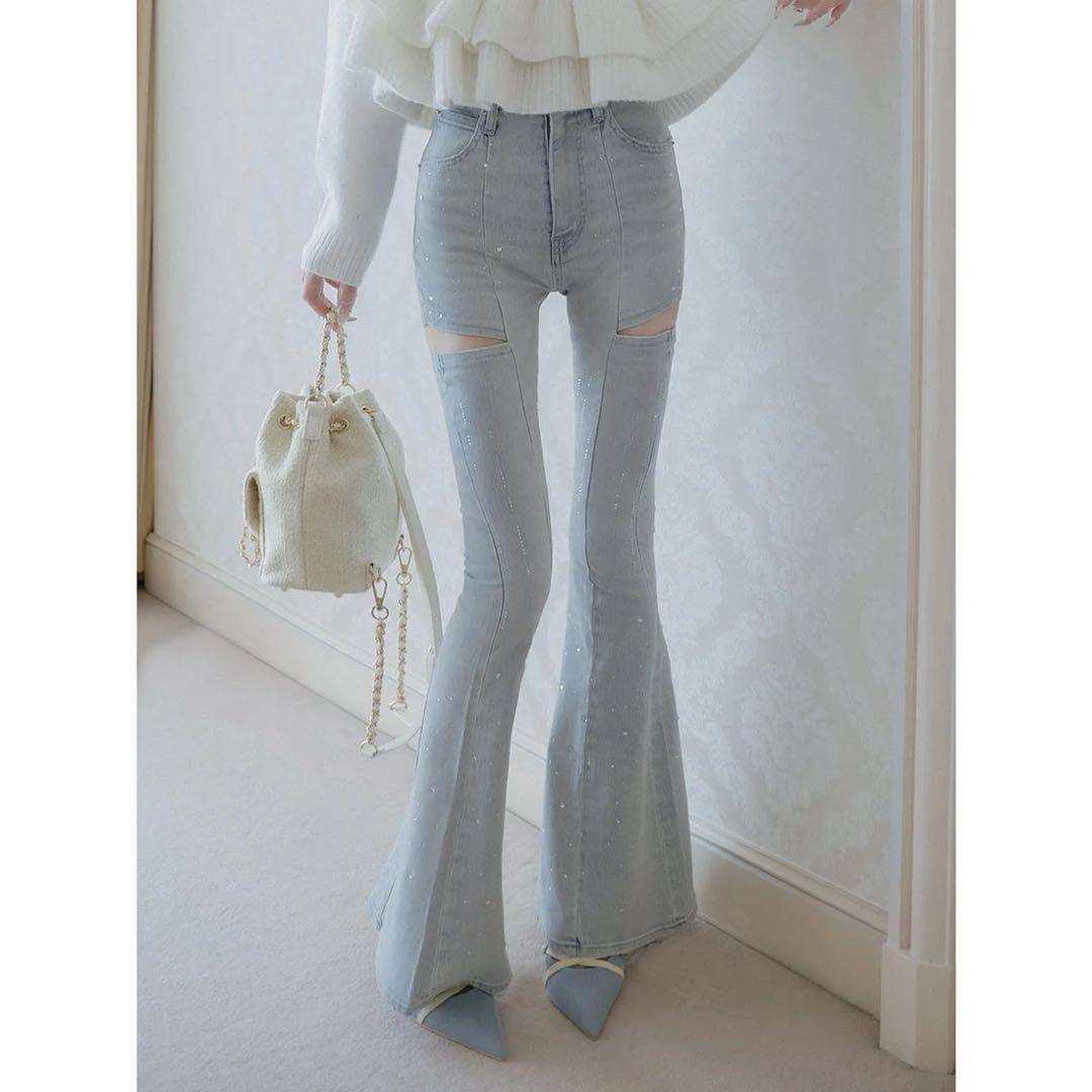 ダーリッチ 新品タグ付 ドロップビジューフレアデニムパンツ サックス S