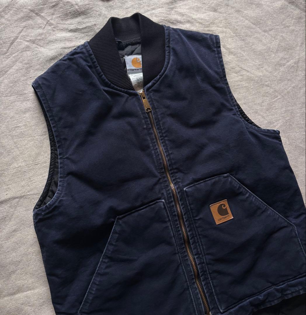 【USA製】Carhartt ダックベスト ネイビー ボロ 腰ゴム tall