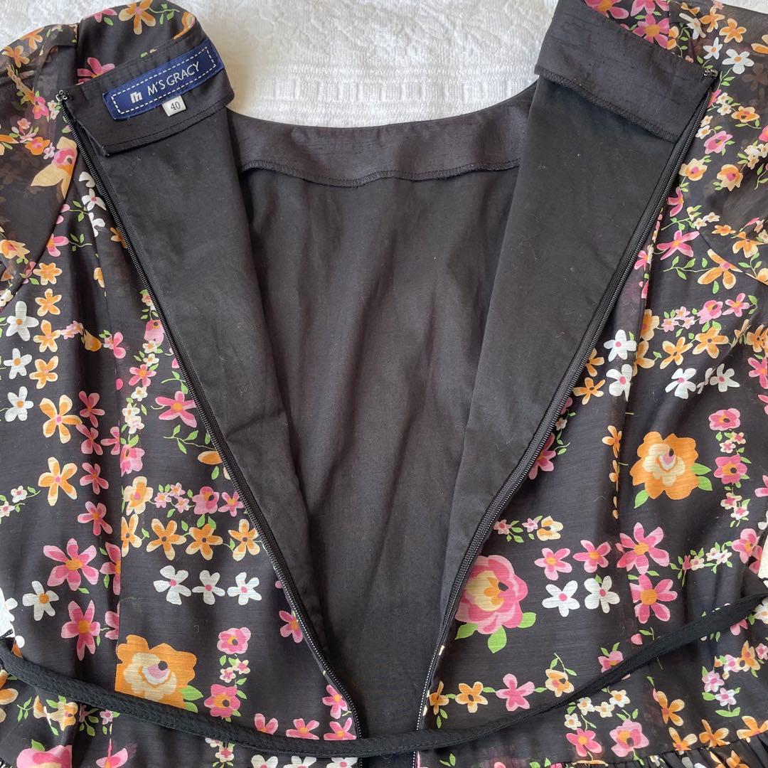 花柄ワンピース M'SGRACYエムズグレイシー 40(M)黒 シフォン フレア