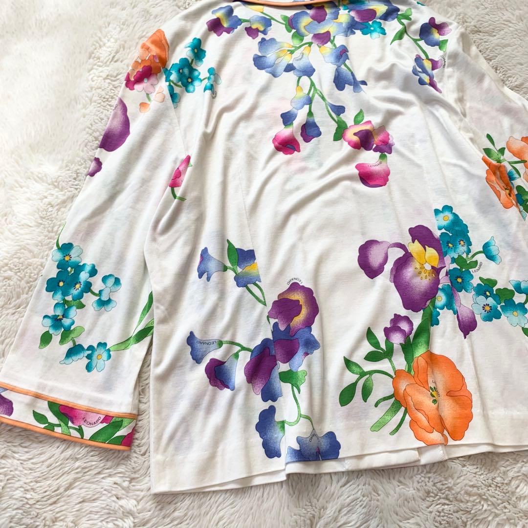 美品＊レオナール　花柄　カーディガン　ジャケット　ホワイト　XL 大きめ