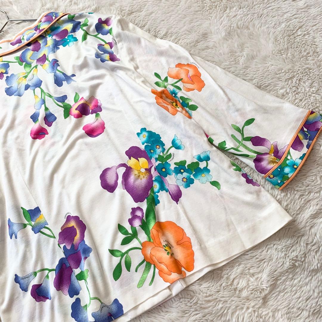 美品＊レオナール　花柄　カーディガン　ジャケット　ホワイト　XL 大きめ