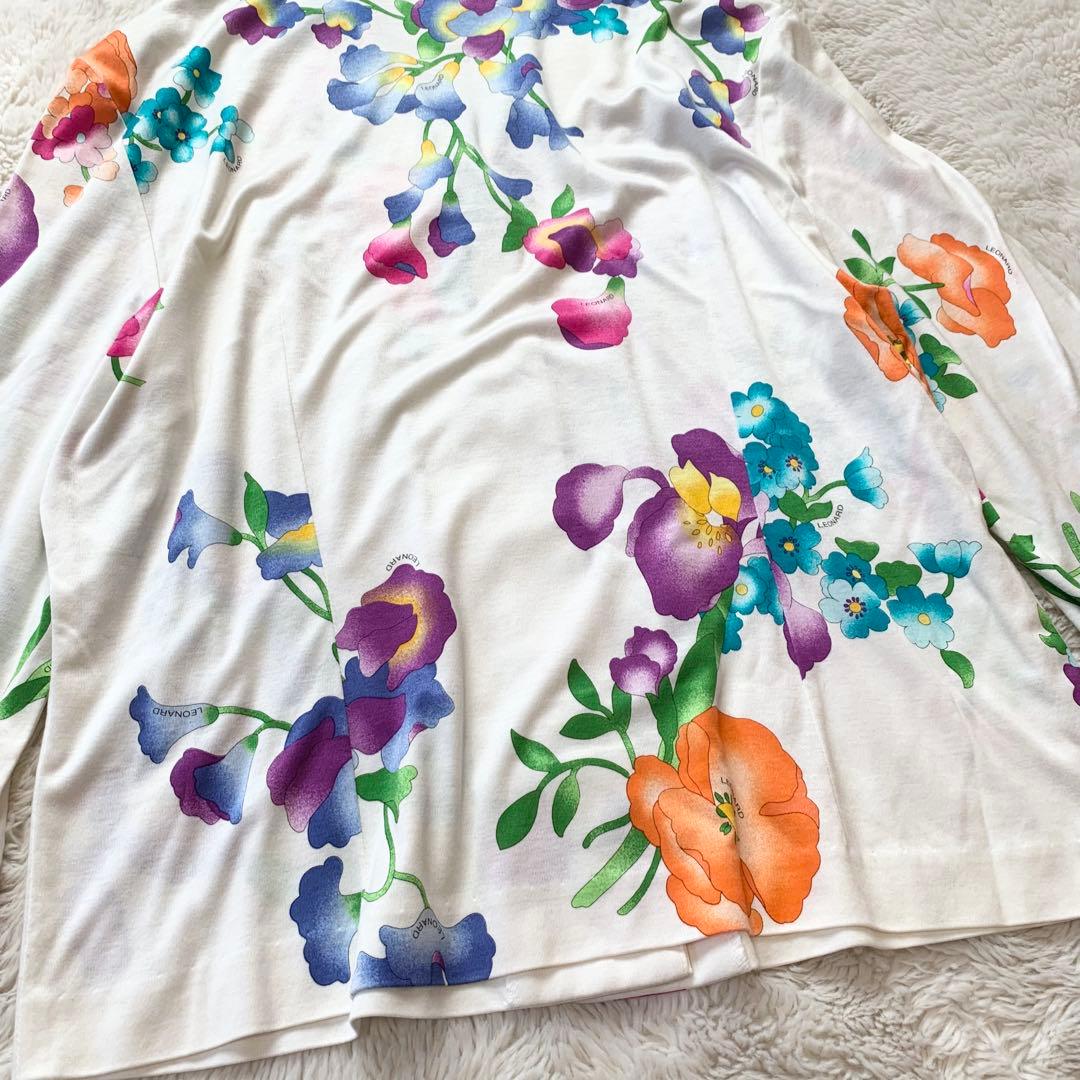 美品＊レオナール　花柄　カーディガン　ジャケット　ホワイト　XL 大きめ