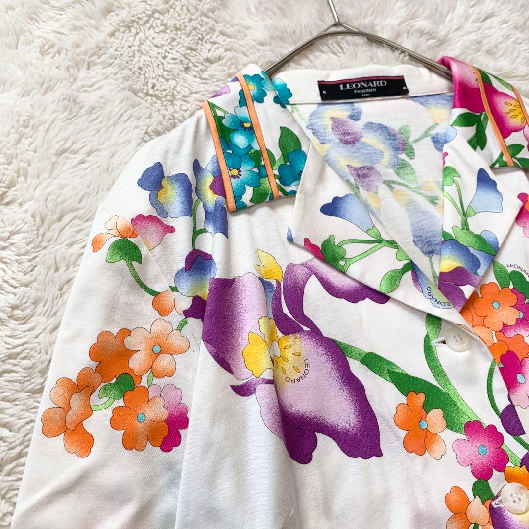 美品＊レオナール　花柄　カーディガン　ジャケット　ホワイト　XL 大きめ