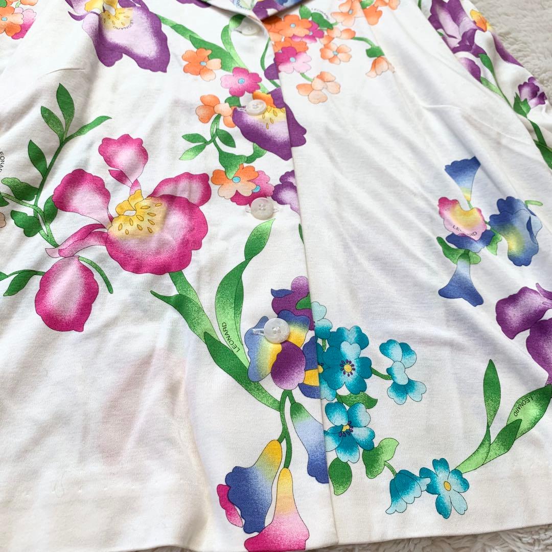 美品＊レオナール　花柄　カーディガン　ジャケット　ホワイト　XL 大きめ