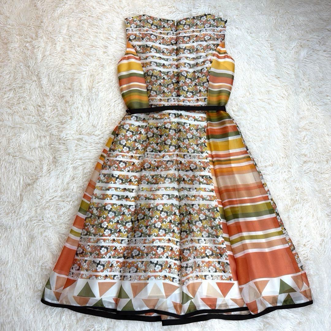 極美品✨エムズグレイシー 膝丈ワンピース 総柄 Aライン リボン ベルト付 40