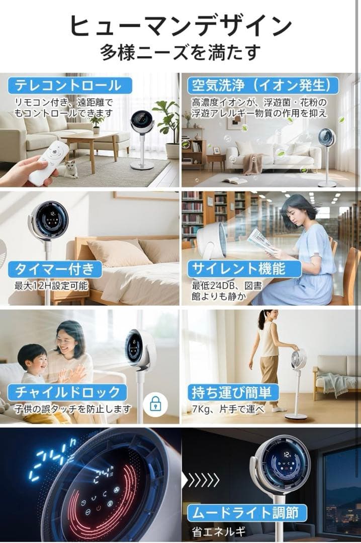 サーキュレーター　DCモーター　AI搭載　冷暖房アップ除菌除臭　空気清浄　扇風機