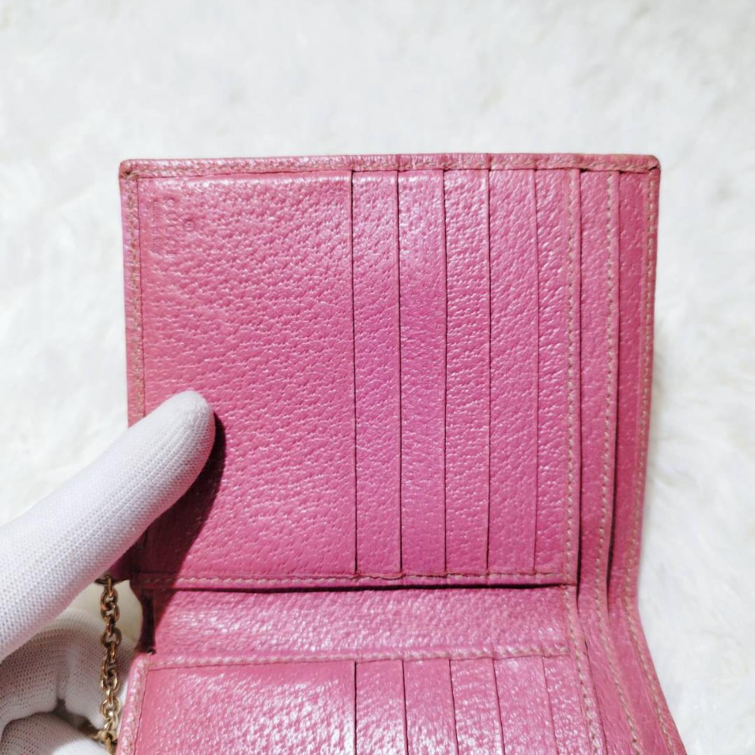 グッチ Wホック折り財布 GGキャンバス レザー ピンク チャーム