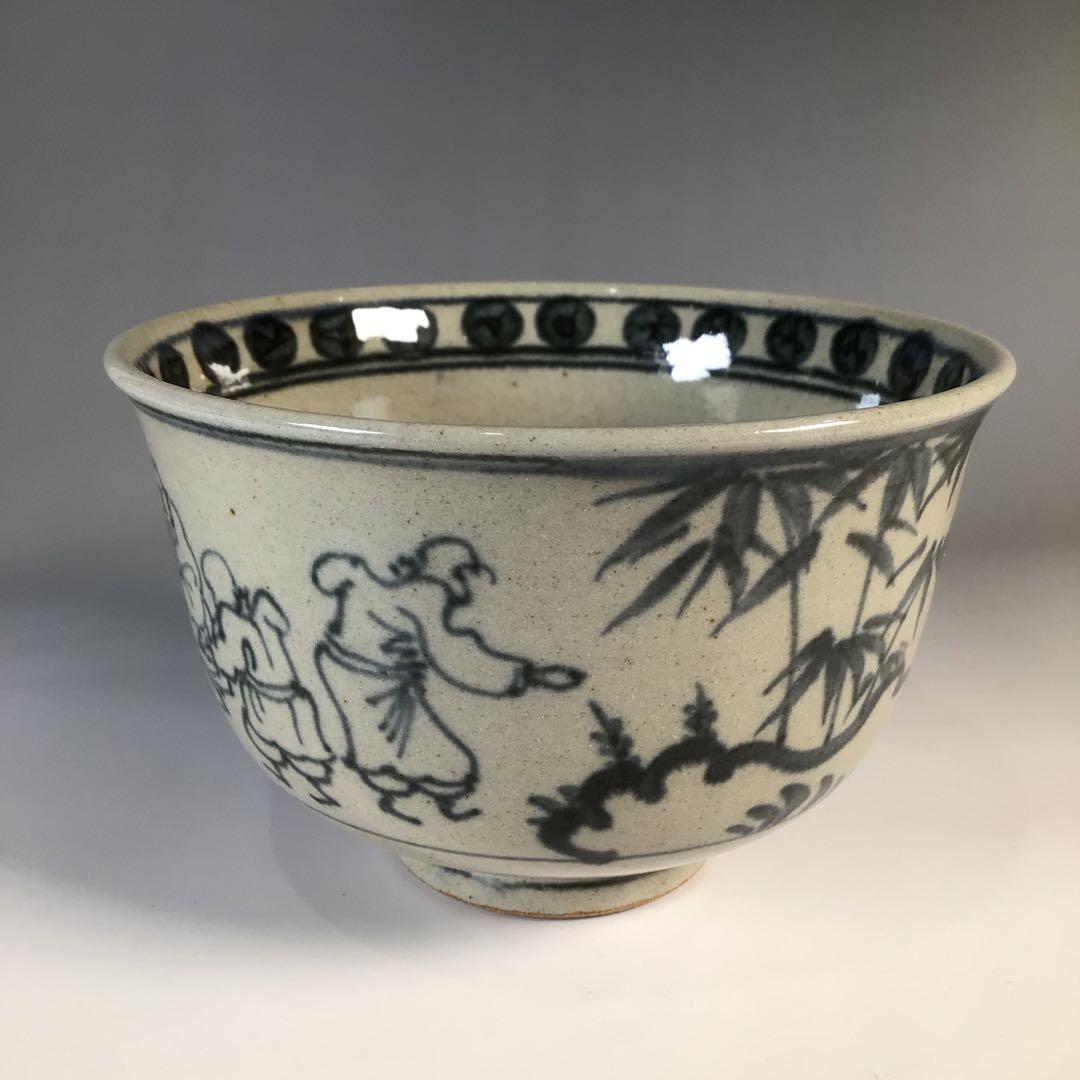 Ｍ３１６　茶碗　『膳所焼』『淡海ぜぜ　陽炎園造』『安南写七賢人絵』　共箱　茶道具
