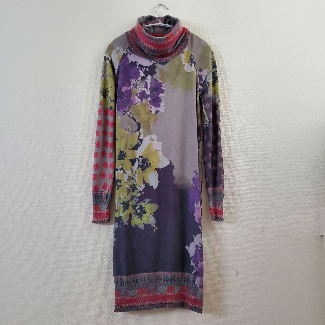 ETRO エトロ シルク カシミヤ 花柄 タートルネック ひざ丈 ワンピース