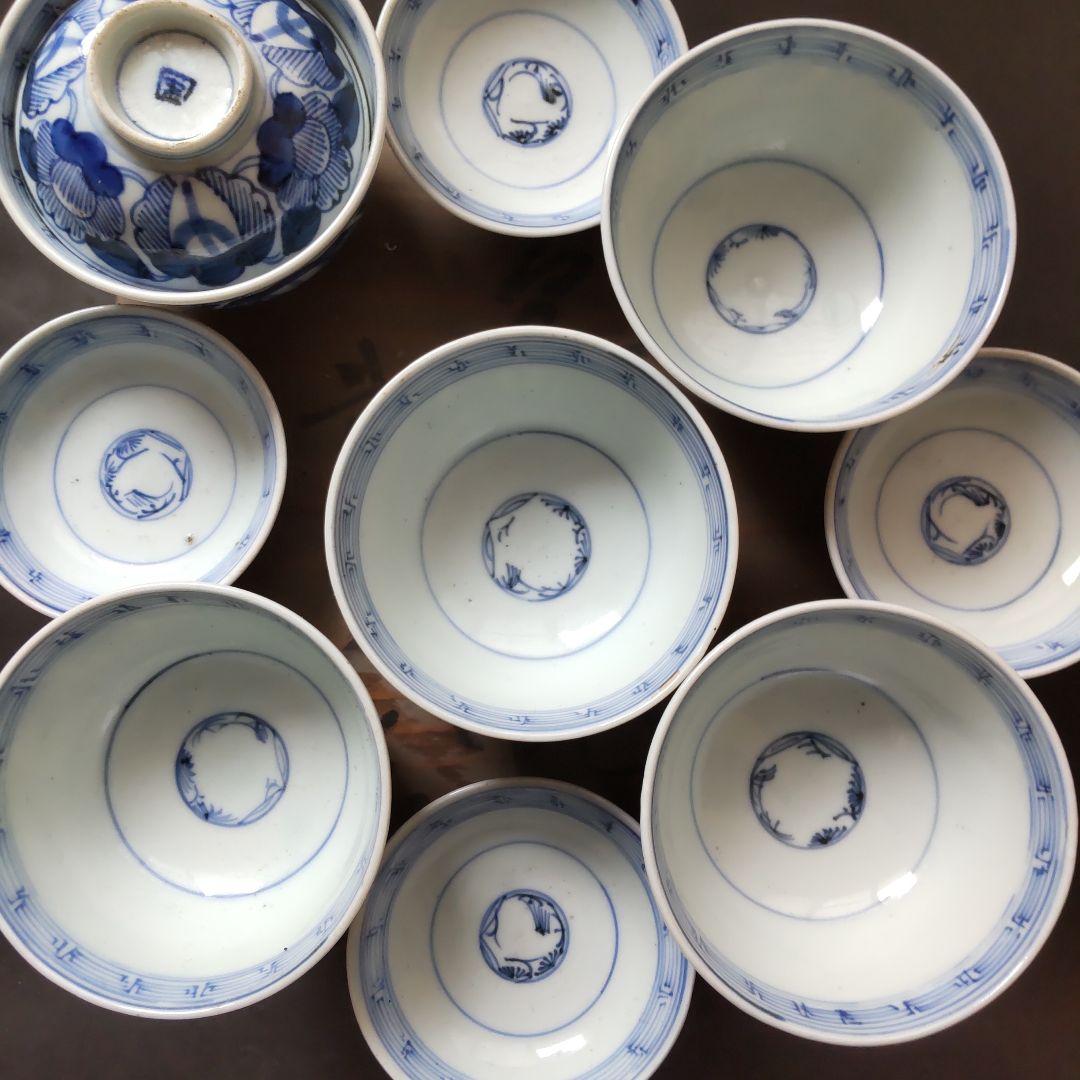 明治期　古伊万里　蓋茶碗5客　染付