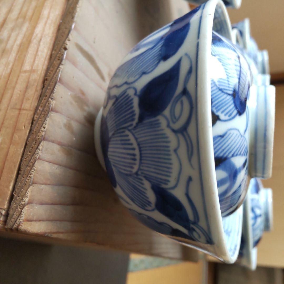 明治期　古伊万里　蓋茶碗5客　染付