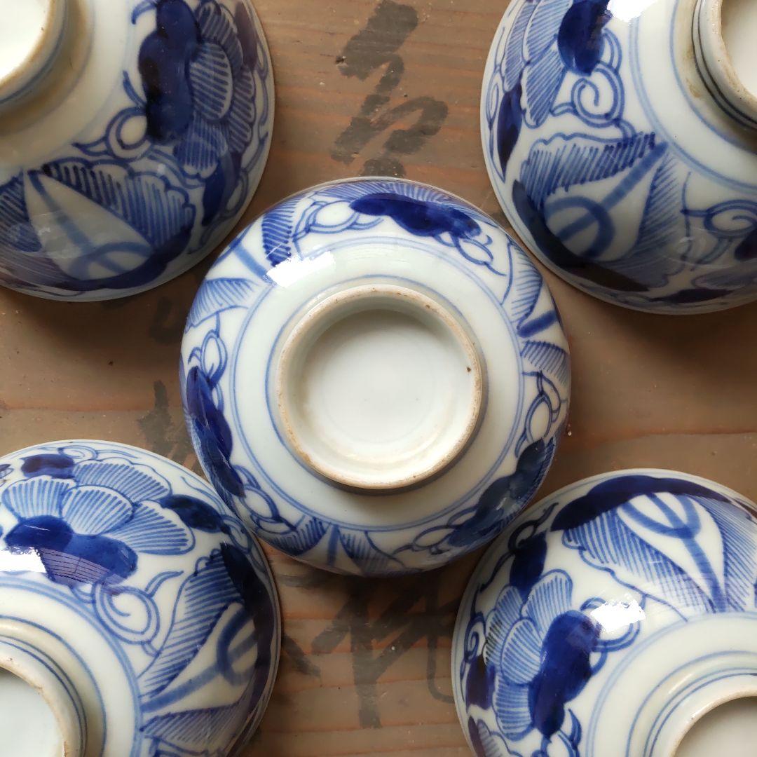 明治期　古伊万里　蓋茶碗5客　染付