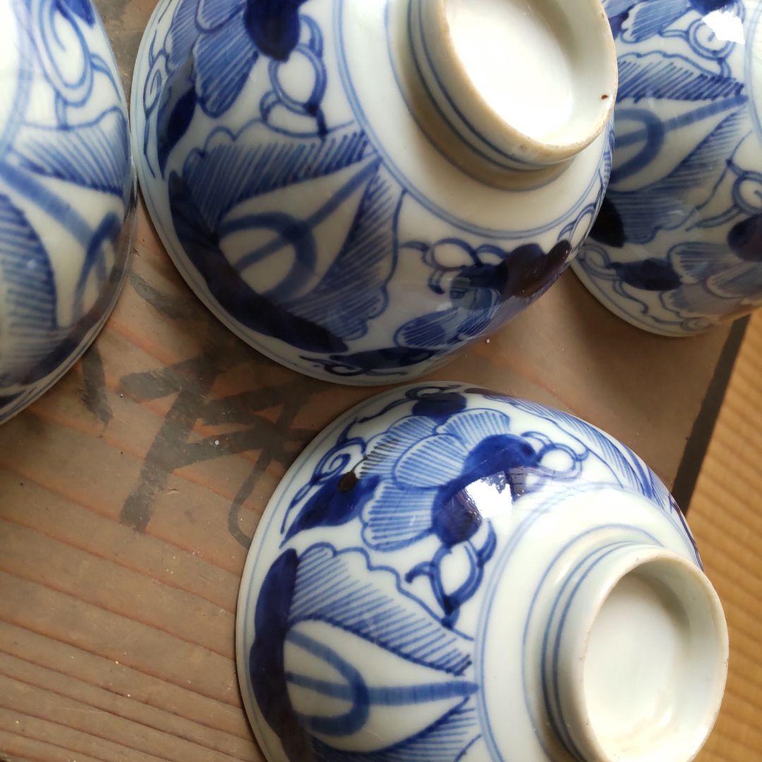 明治期　古伊万里　蓋茶碗5客　染付