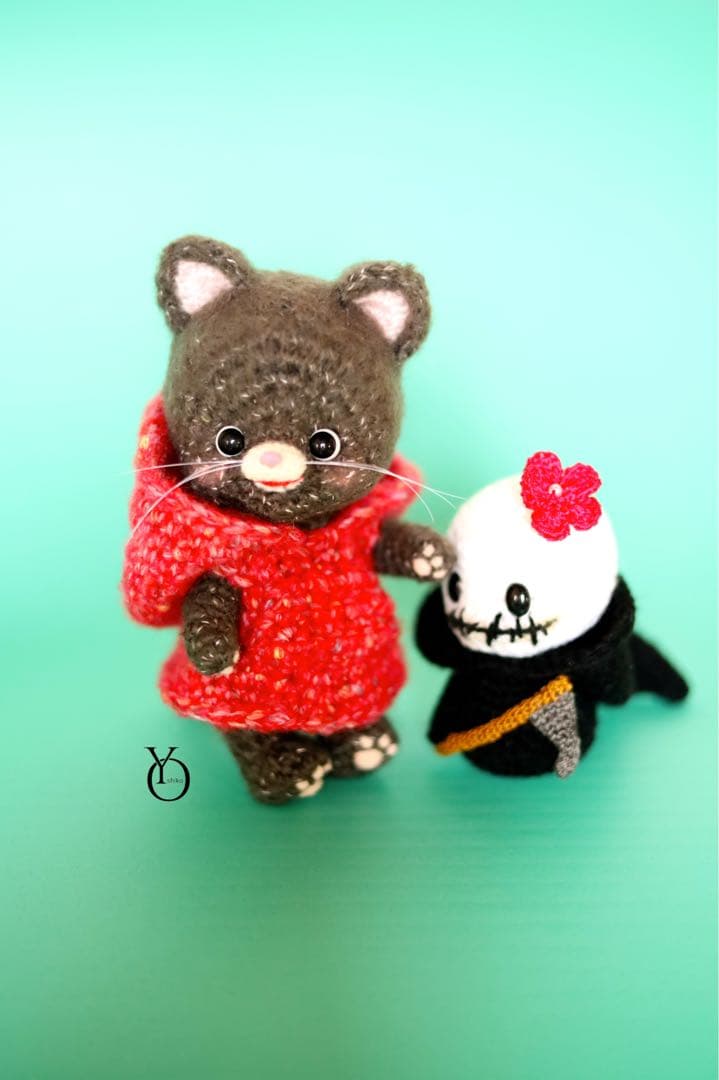 ハロウィン限定 黒猫 死神 仲良し あみぐるみ