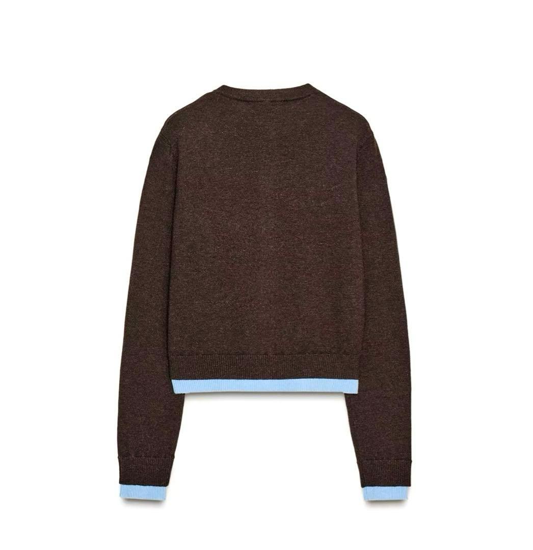 【ZARA】ザラ S コントラストニットカーディガン ブラウン 茶色