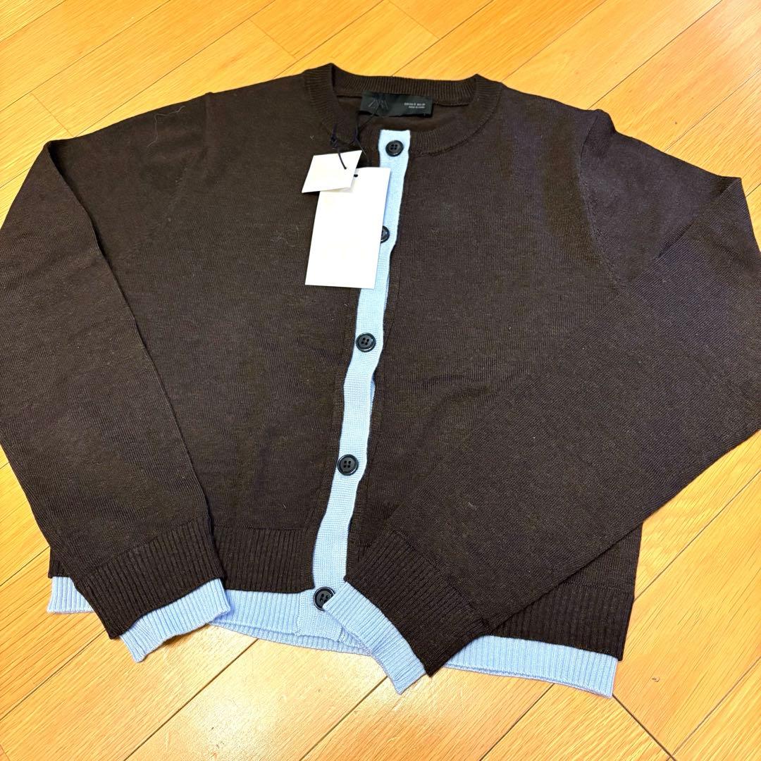 【ZARA】ザラ S コントラストニットカーディガン ブラウン 茶色