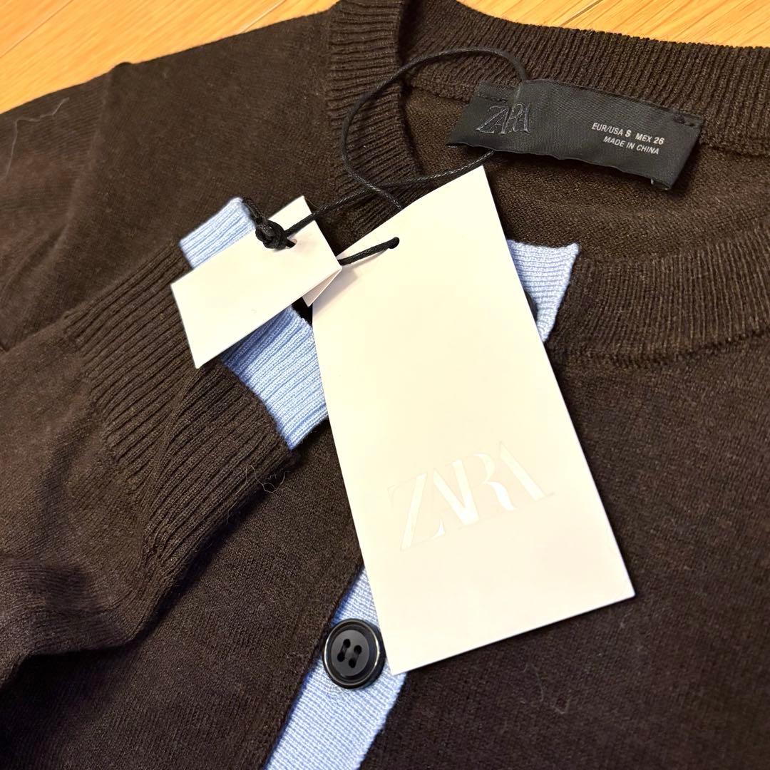 【ZARA】ザラ S コントラストニットカーディガン ブラウン 茶色