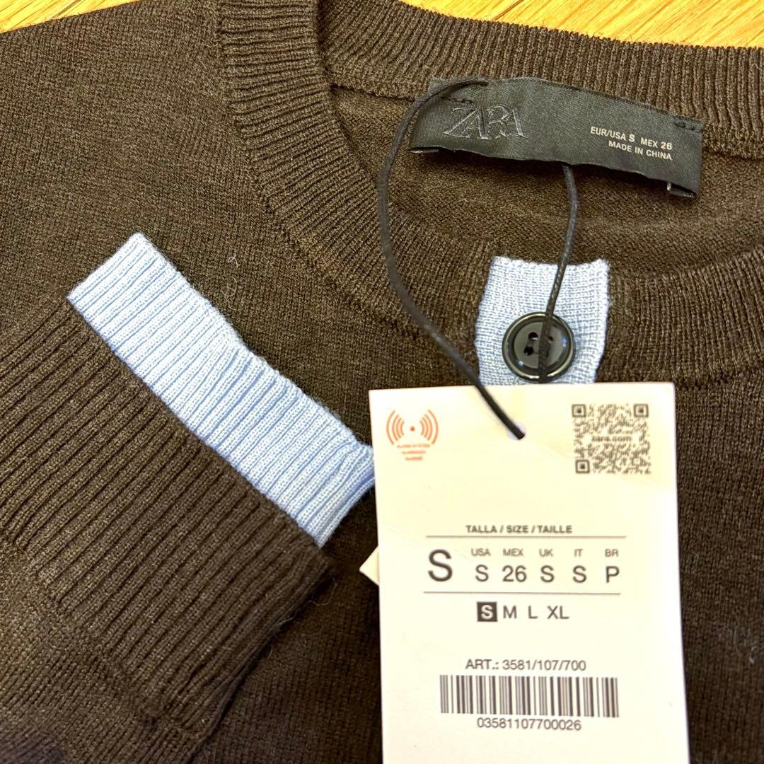 【ZARA】ザラ S コントラストニットカーディガン ブラウン 茶色