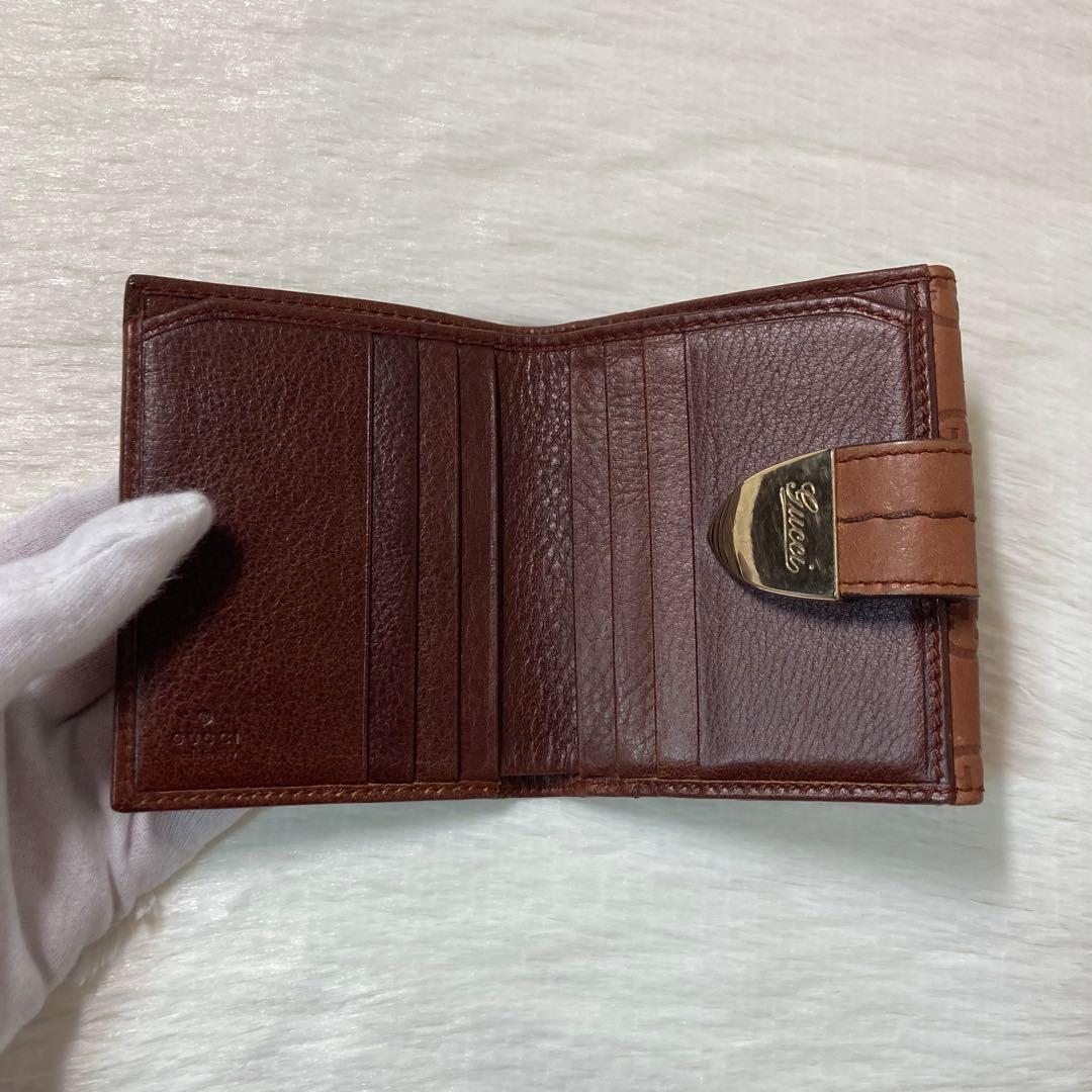 美品　人気　GUCCI グッチ　二つ折り　財布　シマレザー　シマ　茶色　ゴールド