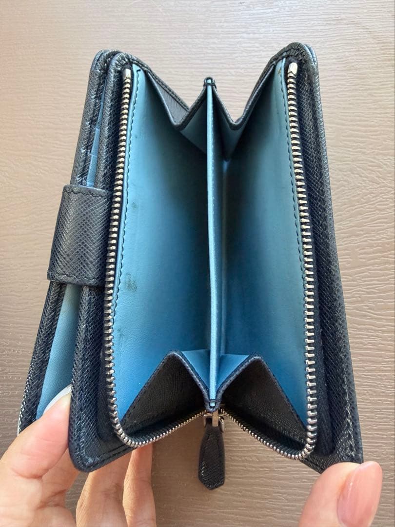 PRADA 二つ折り財布 ネイビー サフィアーノ　レザー　バイカラー