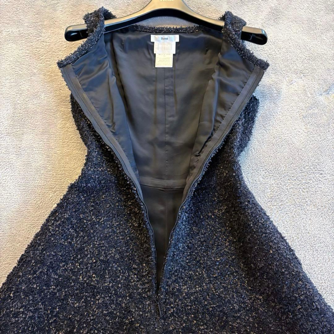 美品✨ルネ ワンピース ツイード フロントジップ ノースリーブ ラメ フレア 黒