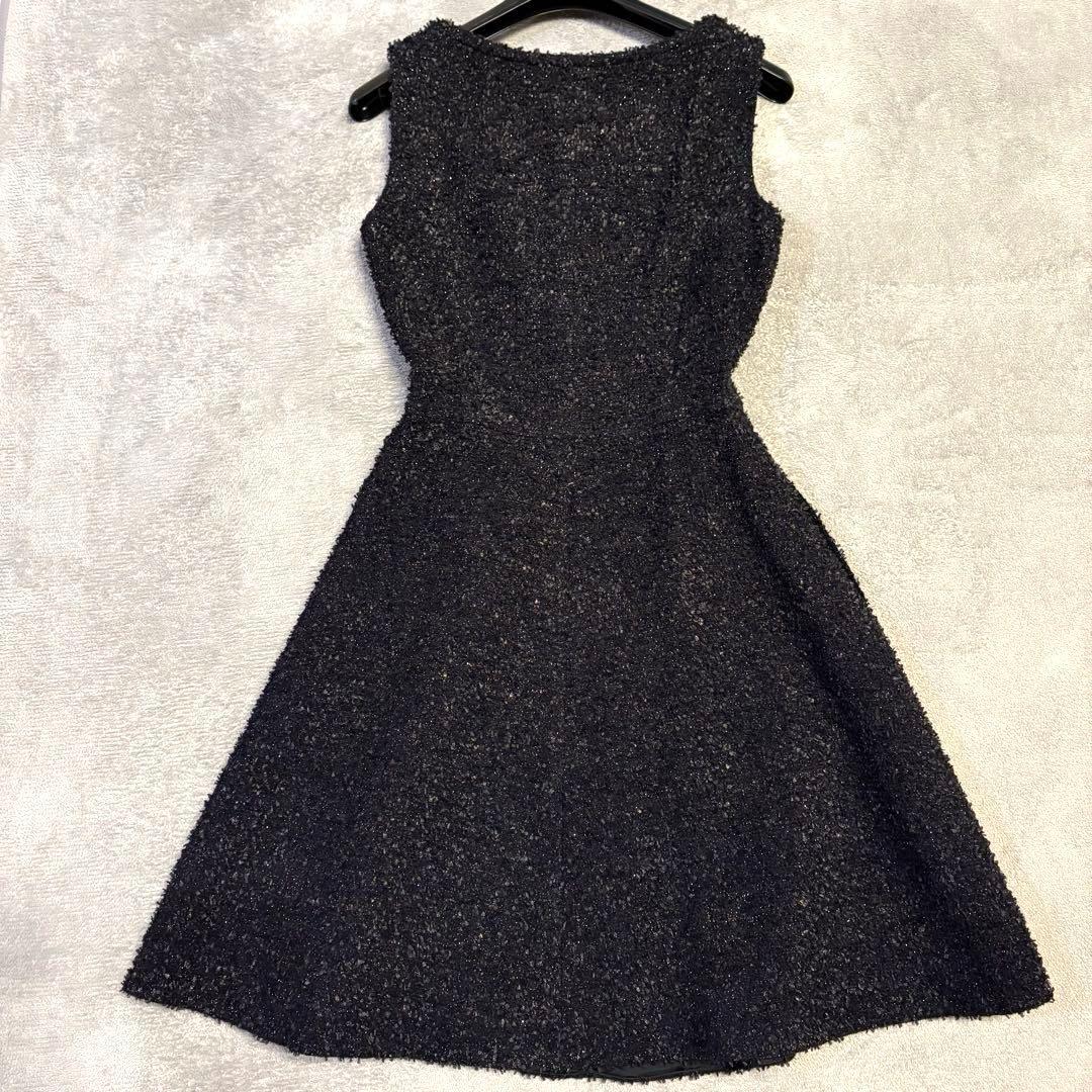 美品✨ルネ ワンピース ツイード フロントジップ ノースリーブ ラメ フレア 黒