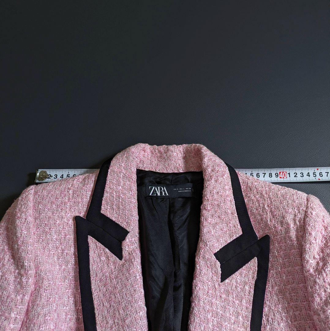 新品◎ZARA／コントラストパイピングテクスチャージャケット ツイード ピンク