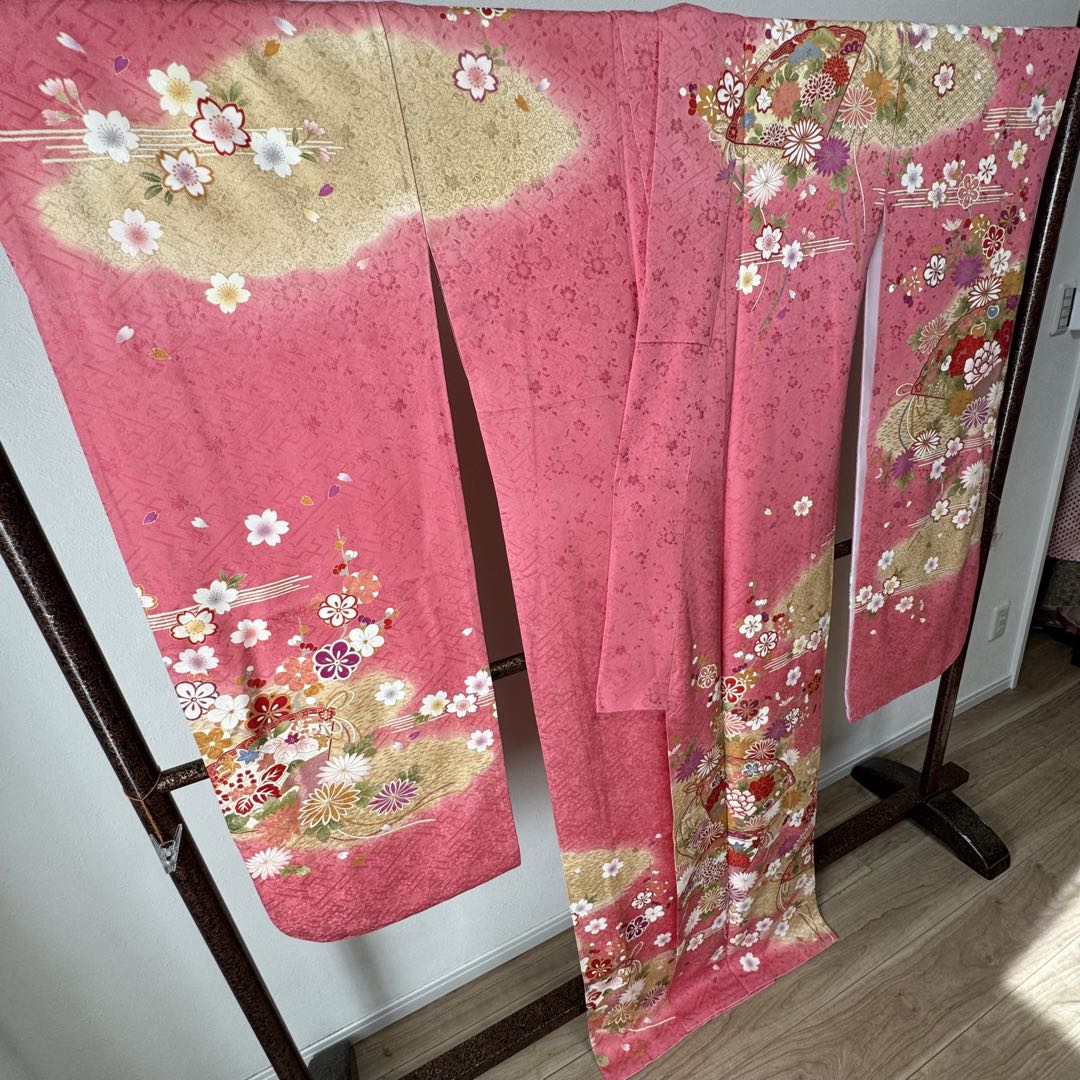 超美品　正絹　現代振袖　成人式　着物　172㎝　トールサイズ　ピンク　桜柄