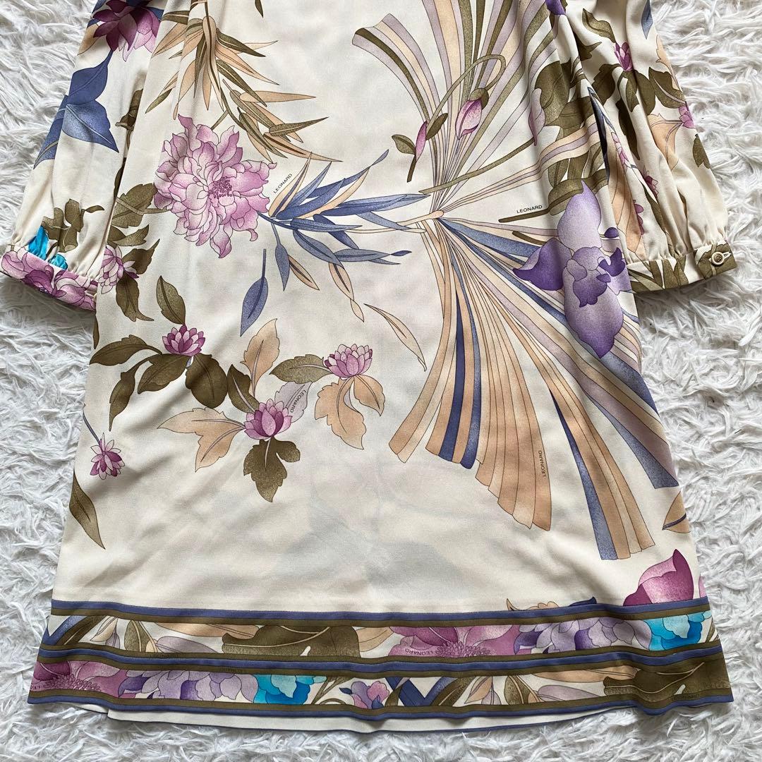 極美品■レオナール　カンカン　Aライン　総柄ワンピース　ひざ丈　花柄　L