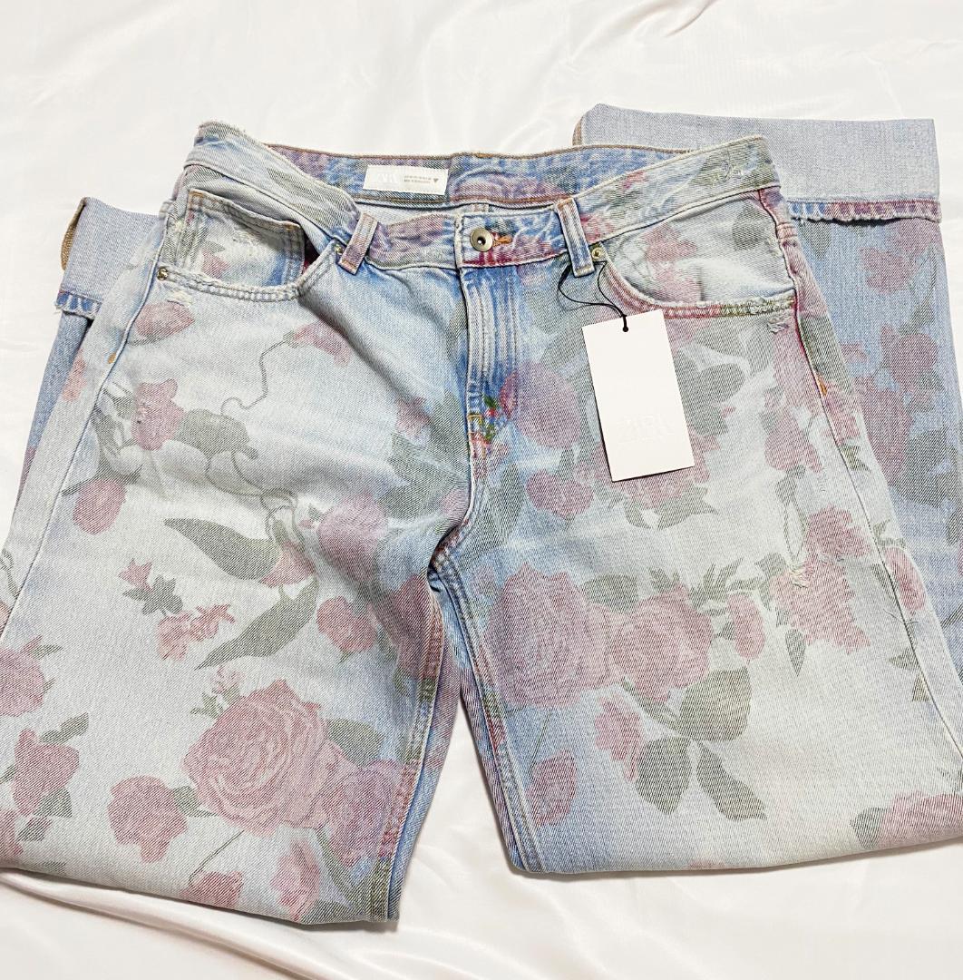 ZARA ローライズ 折り返しプリント柄ルーズフィットデニムパンツ 42　バラ