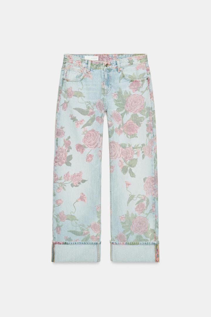 ZARA ローライズ 折り返しプリント柄ルーズフィットデニムパンツ 42　バラ