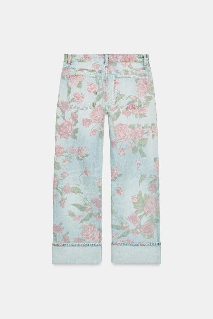 ZARA ローライズ 折り返しプリント柄ルーズフィットデニムパンツ 42　バラ