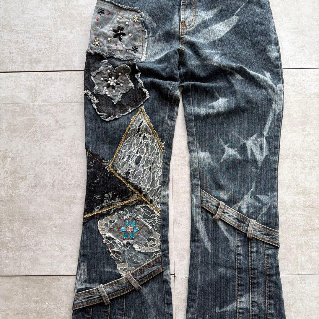 パンツ 00s Flare Denim Lace Beads Gimmick Y2K