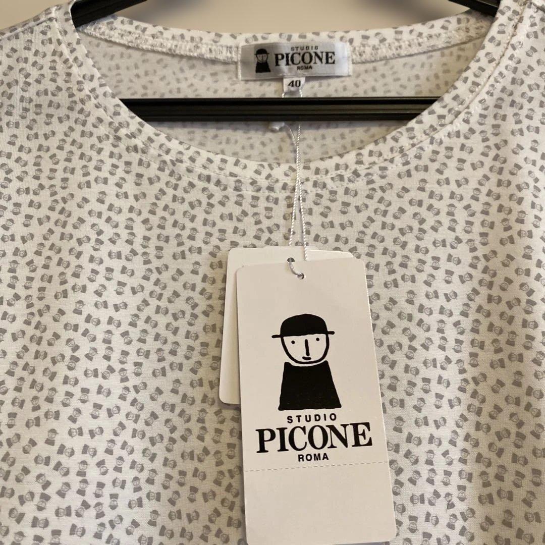 新品 未使用 ピッコーネ 接触冷感 半袖Tシャツ 白地グレー系 L