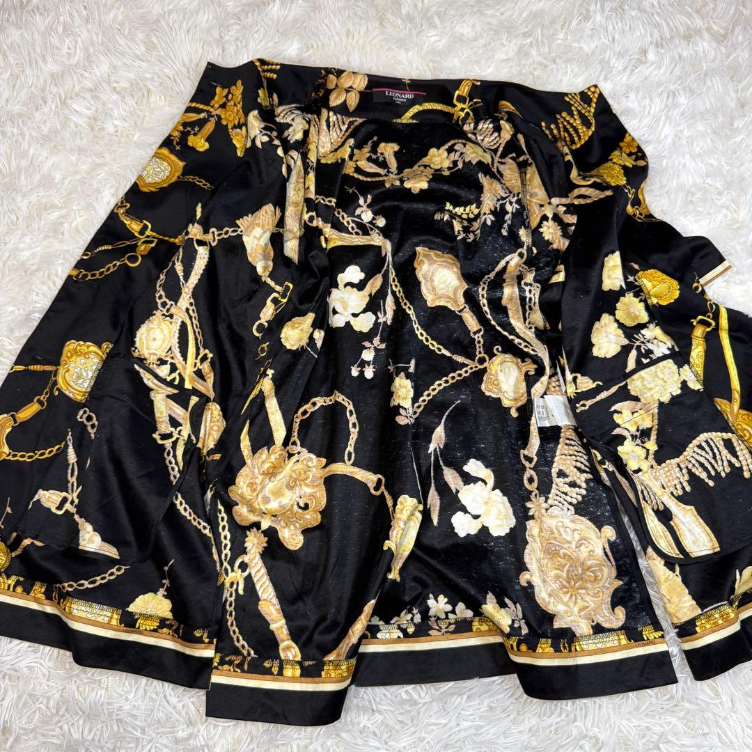 レオナール 半袖ロングカーディガン 75cm チェーン柄 花柄 黒 金ボタン L