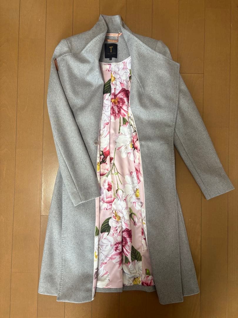 TED BAKER ウールコート 花柄裏地 ベルト付 グレー 美品