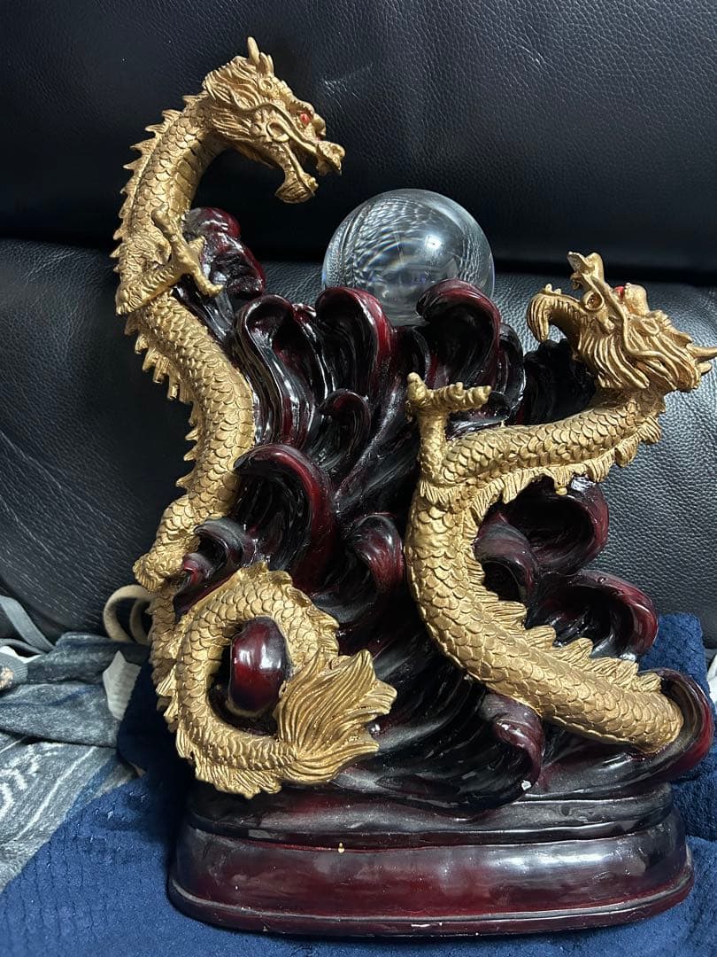 リ*中様 龍置物◇金龍上山◇高さ約50cm昇り龍◇水晶玉 ガラス玉 置物 風水関
