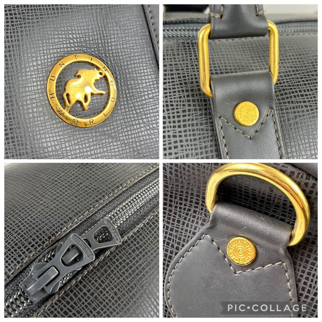 ハンティングワールド ボストンバッグ レザー 出張 ゴールド金具 グレー