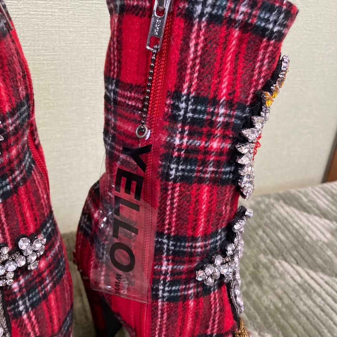 【激レア】YELLO イエロー　レディースブーツ　ビジュー　Ｌ　赤のチェック