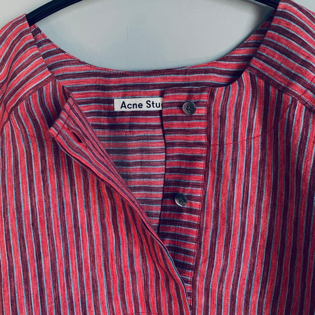 ACNE STUDIOS リネン ストライプ ワイド ブラウス アクネ ボルドー