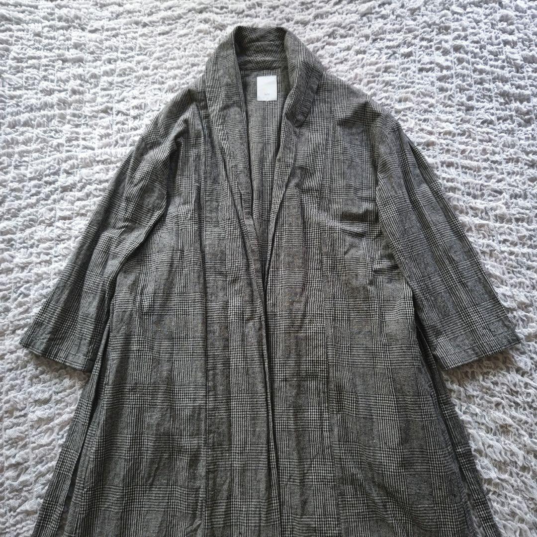 ichi イチ　コットンリネン　グレンチェック　ガウンコート　ショールカラー