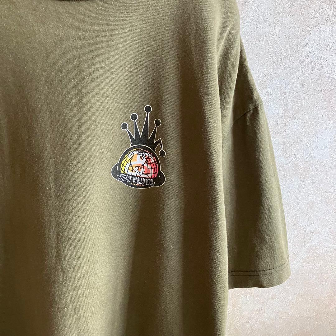 00's オールドステューシー 折れクラウン ワールドツアーtシャツ カーキXL