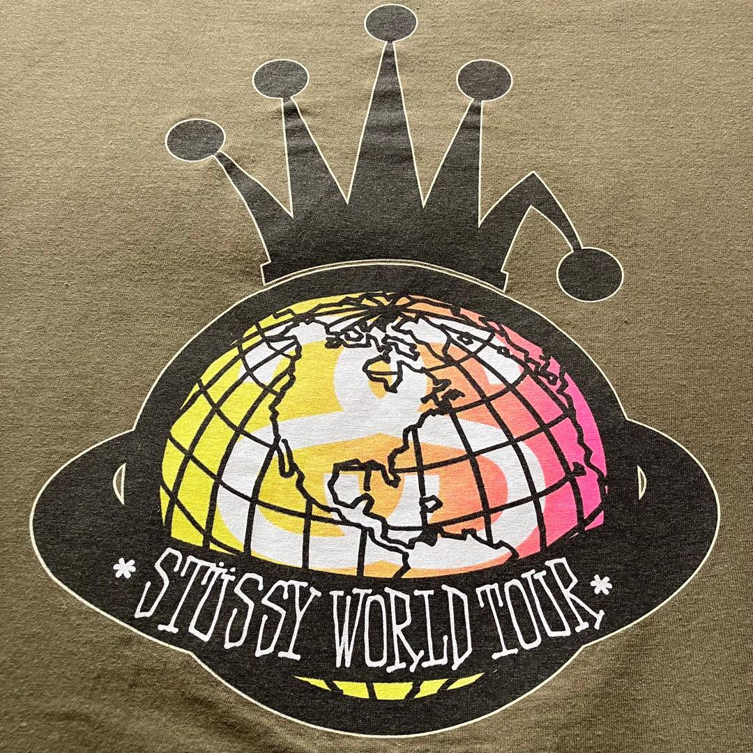 00's オールドステューシー 折れクラウン ワールドツアーtシャツ カーキXL