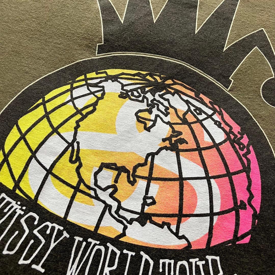 00's オールドステューシー 折れクラウン ワールドツアーtシャツ カーキXL