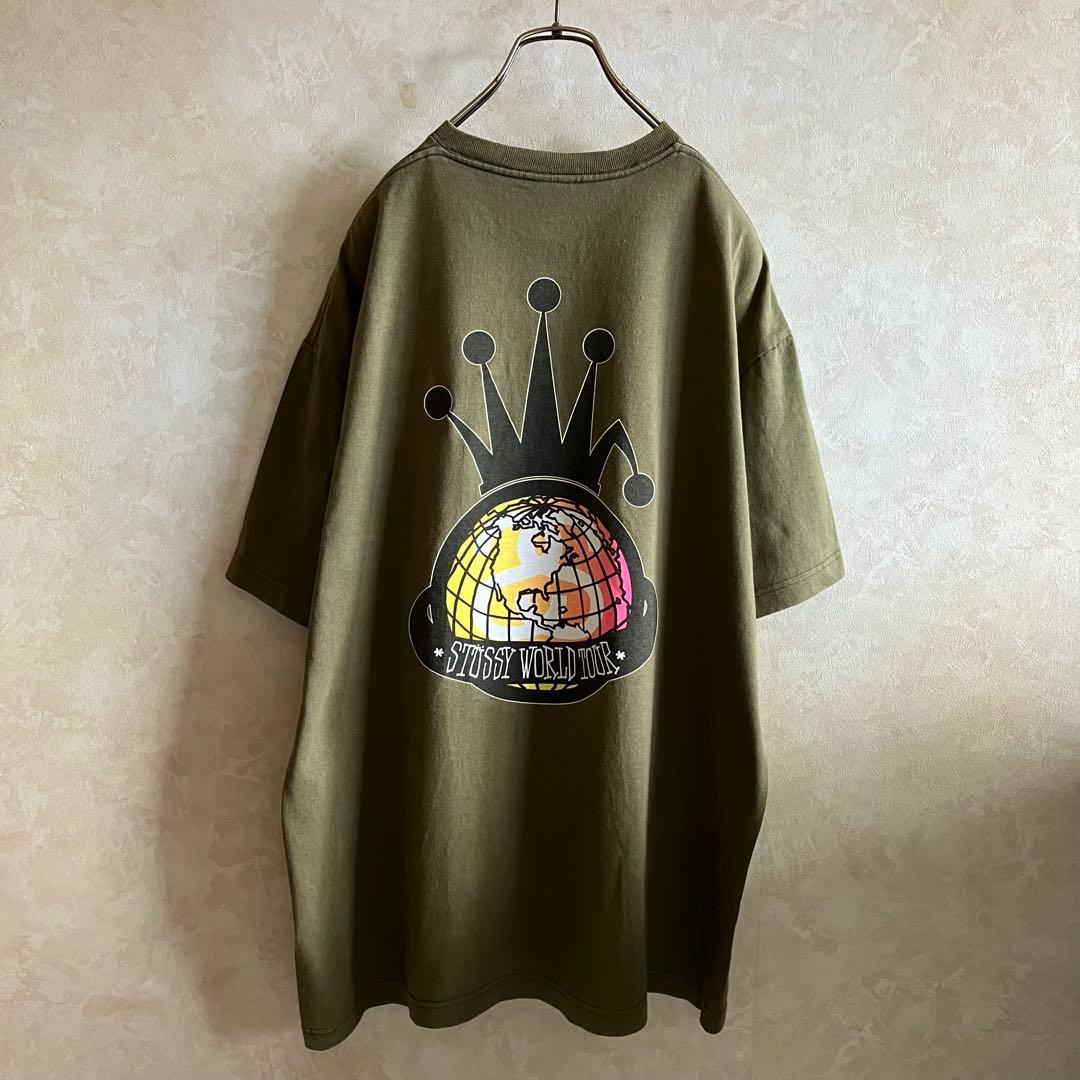 00's オールドステューシー 折れクラウン ワールドツアーtシャツ カーキXL