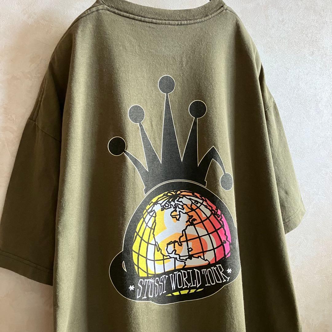 00's オールドステューシー 折れクラウン ワールドツアーtシャツ カーキXL